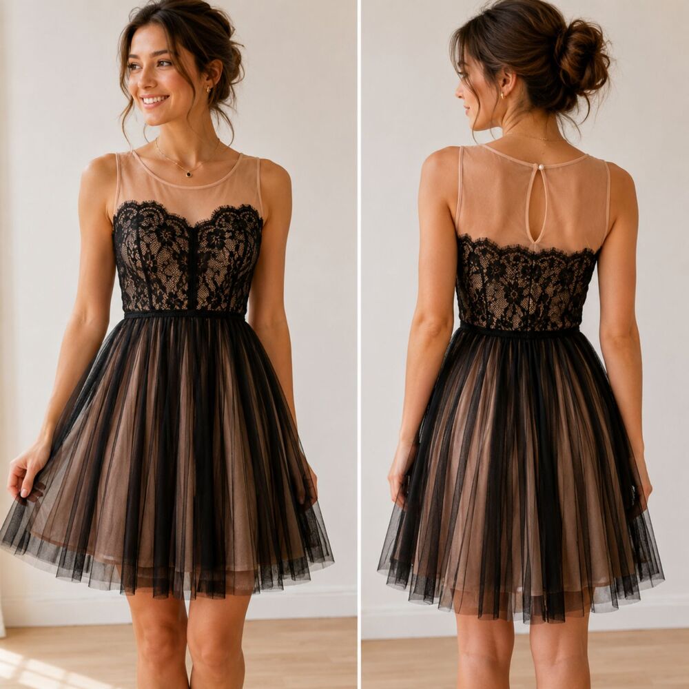 Pins and Needles Black Lace Tulle Dress Small Nude Illusion Fit & Flare Size S